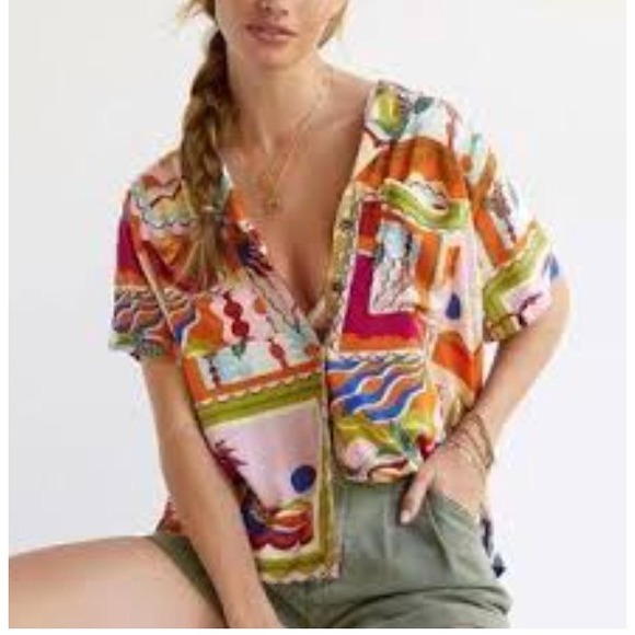 Maeve Tops - Maeve Anthropologie Bon Voyage Button Down Short Sleeve Colorful Print Top Med